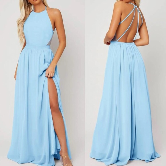 Luxe blue open back maxi dress